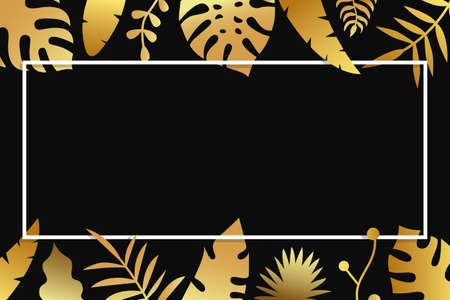 Invitation with gold tropical leaves, cover design on dark background. Luxury botanical design for ceremony - vector illustrationのイラスト素材