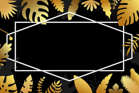 Invitation with gold tropical leaves, cover design on dark background with geometrical polyhedron. Luxury botanical design for ceremony - vector illustrationのイラスト素材