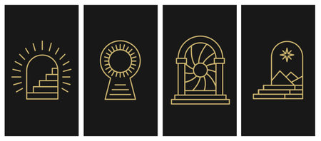 Entrance and Portal for Self-realization. Individuation, Opening up New Horizons, Knowing Yourself, Ego. Vector abstract signs and logos in linear minimal style - part 2のイラスト素材