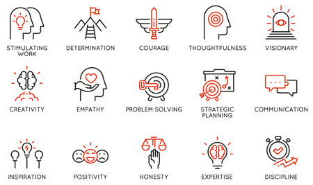 Vector Set of Linear Icons Related to Leadership Traits, Qualities for Success. Development and Teamwork. Mono Line Pictograms and Infographics Design Elements - part 2のイラスト素材