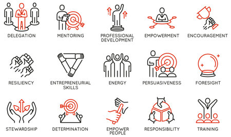 Vector Set of Linear Icons Related to Leadership Traits, Qualities for Success. Development and Teamwork. Mono Line Pictograms and Infographics Design Elements - part 3のイラスト素材