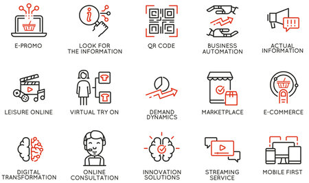 Vector Set of Linear Icons Related to Business Automation, Convenience of Purchasing Products, Change in Demand and Digital Transformation. Mono Line Pictograms and Infographics Design Elementsのイラスト素材