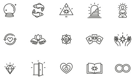 Vector Set of Linear Icons Related to Calm, Harmony, Magic, Occulture and Self-Knowledge. Mono Line Pictograms and Infographics Design Elementsのイラスト素材