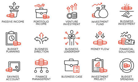 Vector Set of Linear Icons Related to Business investment, Trade Service, Investment Strategy and Finance Manegement. Mono Line Pictograms and Infographics Design Elementsのイラスト素材
