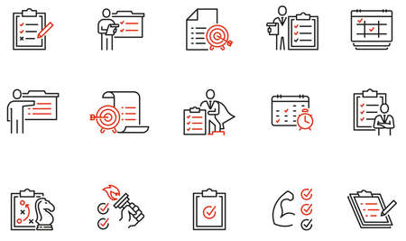 Vector Set of Linear Icons Related to checklist, motivation, training. Striving to achieve success and the set goal. Mono Line Pictograms and Infographics Design Elementsのイラスト素材