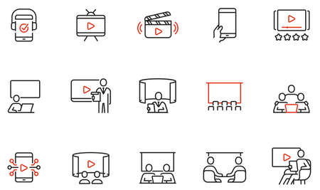 Vector Set of Linear Icons Related to Video Content, Media Product and Joint Viewing. Mono Line Pictograms and Infographics Design Elementsのイラスト素材