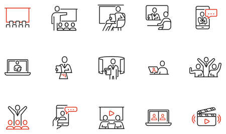 Vector Set of Linear Icons Related to Online Seminar, Virtual Conference, Webinar and Presentation. Sharing Ideas Using Video Applications. Mono Line Pictograms and Infographics Design Elementsのイラスト素材