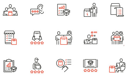 Vector set of linear icons related to Customer Review, Expert Opinion and User Report. Mono line pictograms and infographics design elementsのイラスト素材