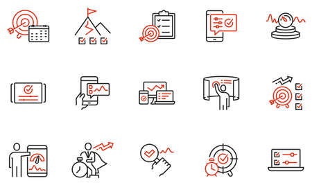 Vector set of linear icons related to productivity time, task management, dashboards of apps, work progress and performance indicators. Mono line pictograms and infographics design elementsのイラスト素材