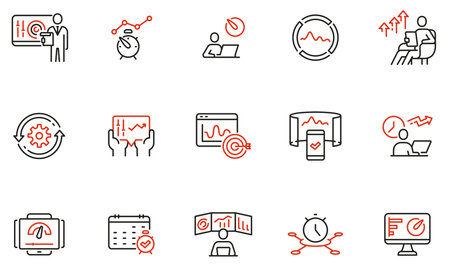 Vector set of linear icons related to productivity time, task management, dashboards of apps, work progress and performance indicators. Mono line pictograms and infographics design elements - part 2のイラスト素材