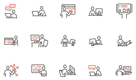 Vector set of linear icons related to human resources, work with digital technology, online business, development, programming and engineering. Mono line pictograms and infographics design elementsのイラスト素材