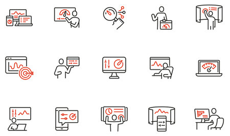 Vector set of linear icons related to web analytics information and development website and application statistic. Mono line pictograms and infographics design elementsのイラスト素材