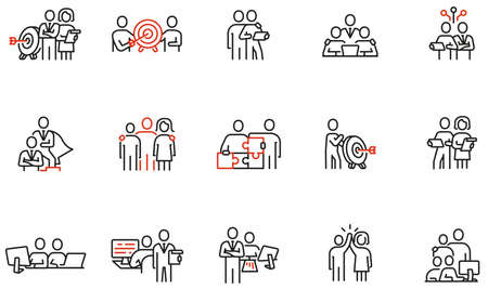Vector set of linear icons related to business leadership, relationship, human resource management, cooperation and team work. Mono line pictograms and infographics design elementsのイラスト素材
