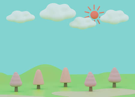 3DCG background of sky, land and cherry blossoms sky, land and trees 3DCG backgroundの写真素材