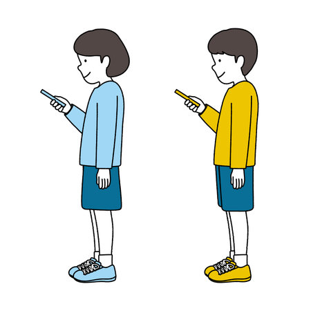 Illustration of a girl and a boy with a smartphoneのイラスト素材