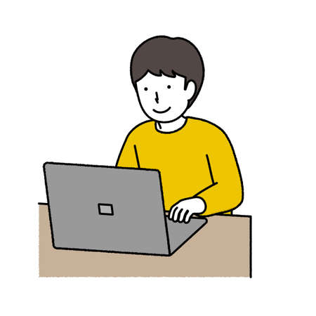 Boy in yellow clothes using a computerのイラスト素材