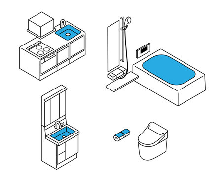 Toilet, bathroom, kitchen, water equipment illustration setのイラスト素材