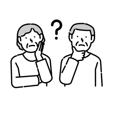 Illustration of an elderly man and woman tilting their heads in thought | Question, Concern, Explanation, Seniorのイラスト素材
