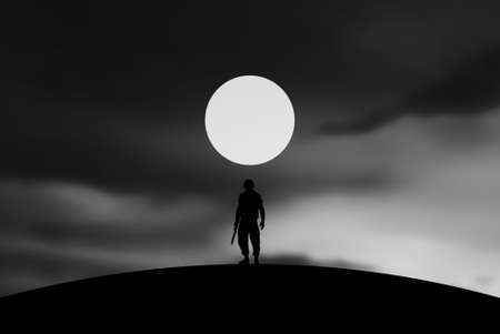 Conceptual Illustration of War  lonely soldier with full Moonの写真素材