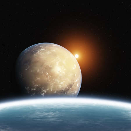 Rising Desert Planet with Earth and Sunの写真素材