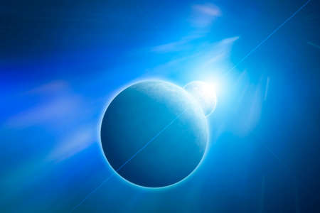 Planet Earth with Moon and rising Sun on Blue Nebula の写真素材