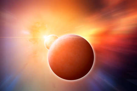 Planet Earth with Moon and rising Sun with Colorful Nebula