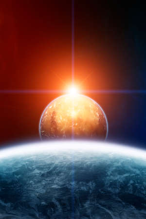 Planet and Moon with Colorful Nebula の写真素材
