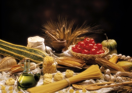 still life on the table of food,shot in studio in Italy year 2003, grain end brown background blurの写真素材