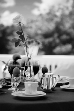table set for an outdoor breakfastの写真素材