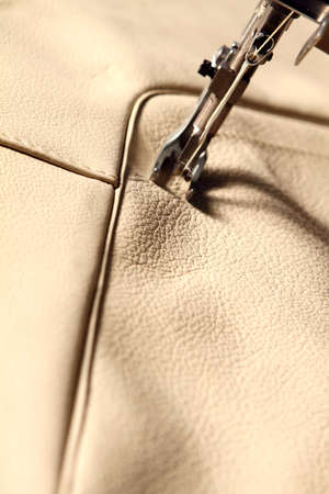 sewing machine in action on leatherの写真素材