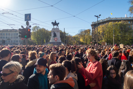 November 25, 2023 - Milan - The crowd gathers in Piazza Cairoli before starting the processionのeditorial素材