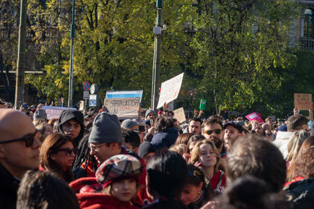 November 25, 2023 - Milan - The crowd gathers in Piazza Cairoli before starting the processionのeditorial素材