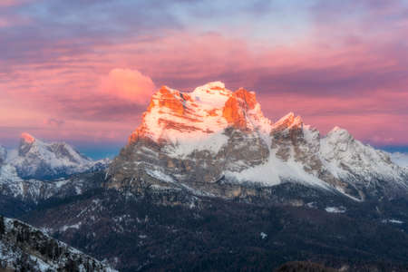Mount Pelmo during sunrise in winterの写真素材