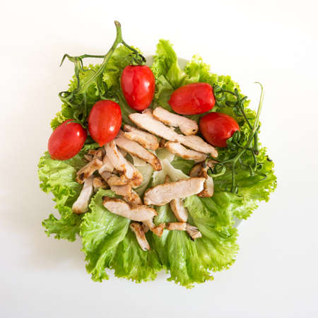 Green healthy salad witch chicken and tomatoes on a blank backgroundの写真素材