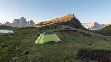 Backpacking in the italian dolomitesの写真素材