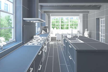 3D Interior rendering of a modern kitchen without texturesの写真素材