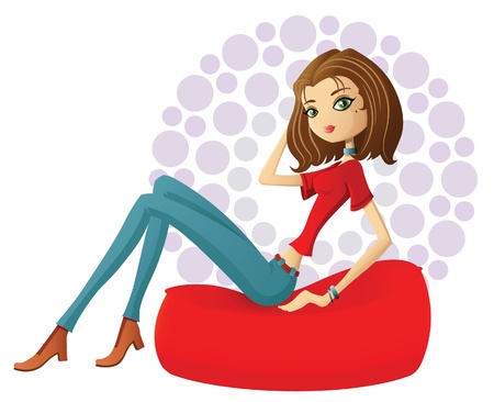 A young woman resting in a red bean bag with flirtatious attitude のイラスト素材