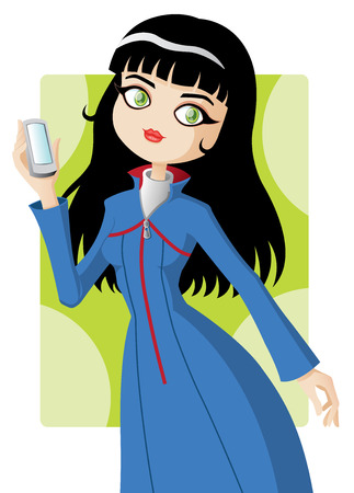 A happy girl dressed in coat holding his phone in his hand. EPS10 with tranparencyのイラスト素材