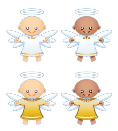 Small winged angels with white and gold robes, extend their arms to fly.のイラスト素材