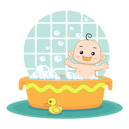 Cute baby taking a bubble bathのイラスト素材