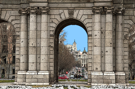 Drawing from the Puerta de Alcala Madrid Spainの写真素材