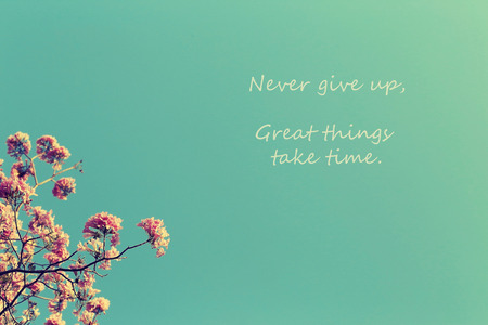 Inspirational Typographic Quote - Never give up, great things take time. Leafless tree branch with pink flowers against blue sky background, toned image.の写真素材
