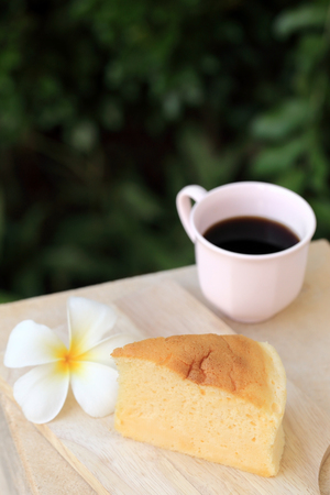 Pieces of Japanese style Cheesecake and cup of black coffee with green garden background.の写真素材