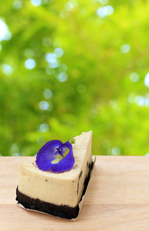 Dessert and flower, Cookie and cream cake recipe with blurred bokeh garden.の写真素材