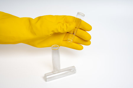 Hand in yellow glove holding clear liquid bottle on isolated white background. Close-up view of transparent bottles. Hygiene, safety, and cleanliness conceptの写真素材