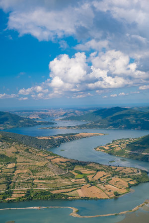 Aerial view of kizilirmak river, there are villages and towns around the river. Bafra, Samsun, Turkeyの写真素材