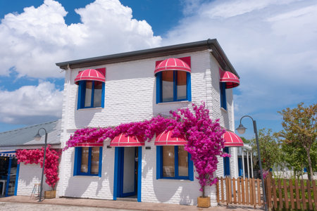 Greek house with bougainvillea. Traditional Greek architectureの写真素材