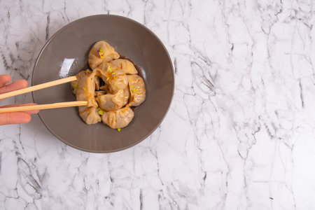 Fried gyoza dumpling on the plate with soy sauce and chopsticks. Top view, copy space, japanese and chinese food conceptの写真素材
