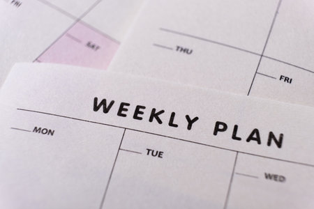 Weekly planner. Calendar reminder, organizer, schedule, planning concept. Close-up of weekly plan...