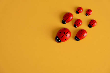 Wooden minimalist ladybugs on a yellow background. Top view of cute colorful toy wooden ladybirds with copy space, isolatedの写真素材